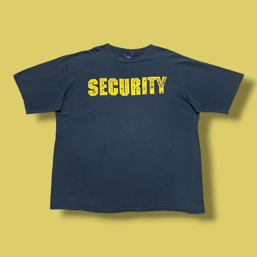Vintage Thrashed Shirt Security Graphic Tee 90s Navy Blue Sun Faded Distressed